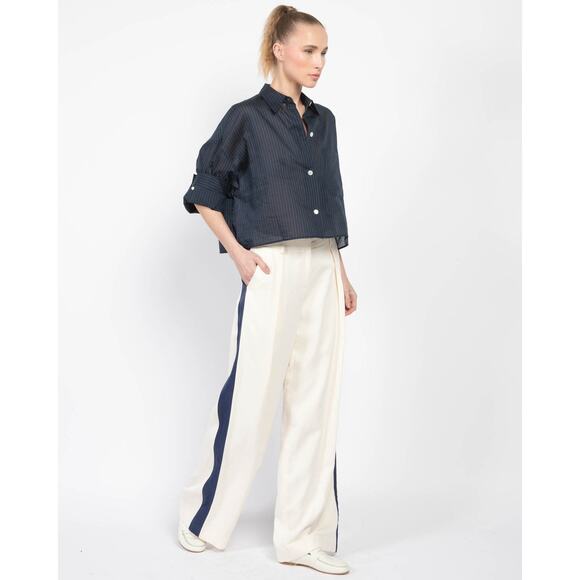 Elegant Cream Wide Leg Pants with Navy Stripe - Picture 2 of 4